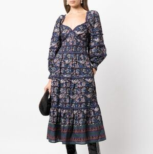 SEA NEW YORK Noah Dress Smocked Blue Print Midi Cotton Long Sleeve 12 Large
